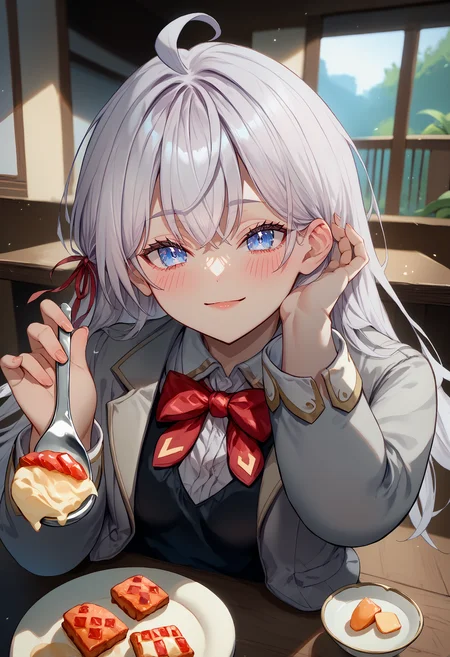 score_9, score_8_up, score_7_up, 1girl, incoming food, holding spoon, <lora:IncomingFood_pdxl_Incrs_v2:1.1>, pov across table, seductive smile, <lora:Hoseki_Roshidere_Alisa_Mikhailovna_Kujou_PDXL_v1:1>, amkkj, large breasts, long hair, silver hair, crossed bangs, blue eyes, ahoge, hair ribbon, grey jacket, open jacket, notched lapels, black vest, white collared shirt, red bowtie, hand on own ear, hair tucking, hair behind ear, hand up, adjusting hair <lora:HandOnOwnEar_pdxl_Incrs_v1:1>, spoon, spoon focus, blush,