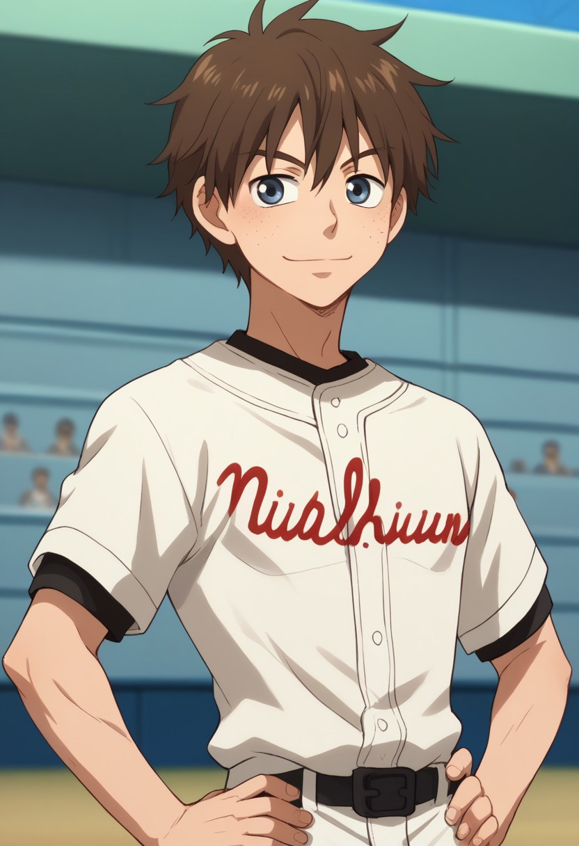 score_9, score_8_up, score_7_up, source_anime, highly detailed, 
kosuke, 1boy, male focus, freckles, brown hair, blue eyes, solo, sportswear, baseball uniform, hand on hip, smile, upper body,