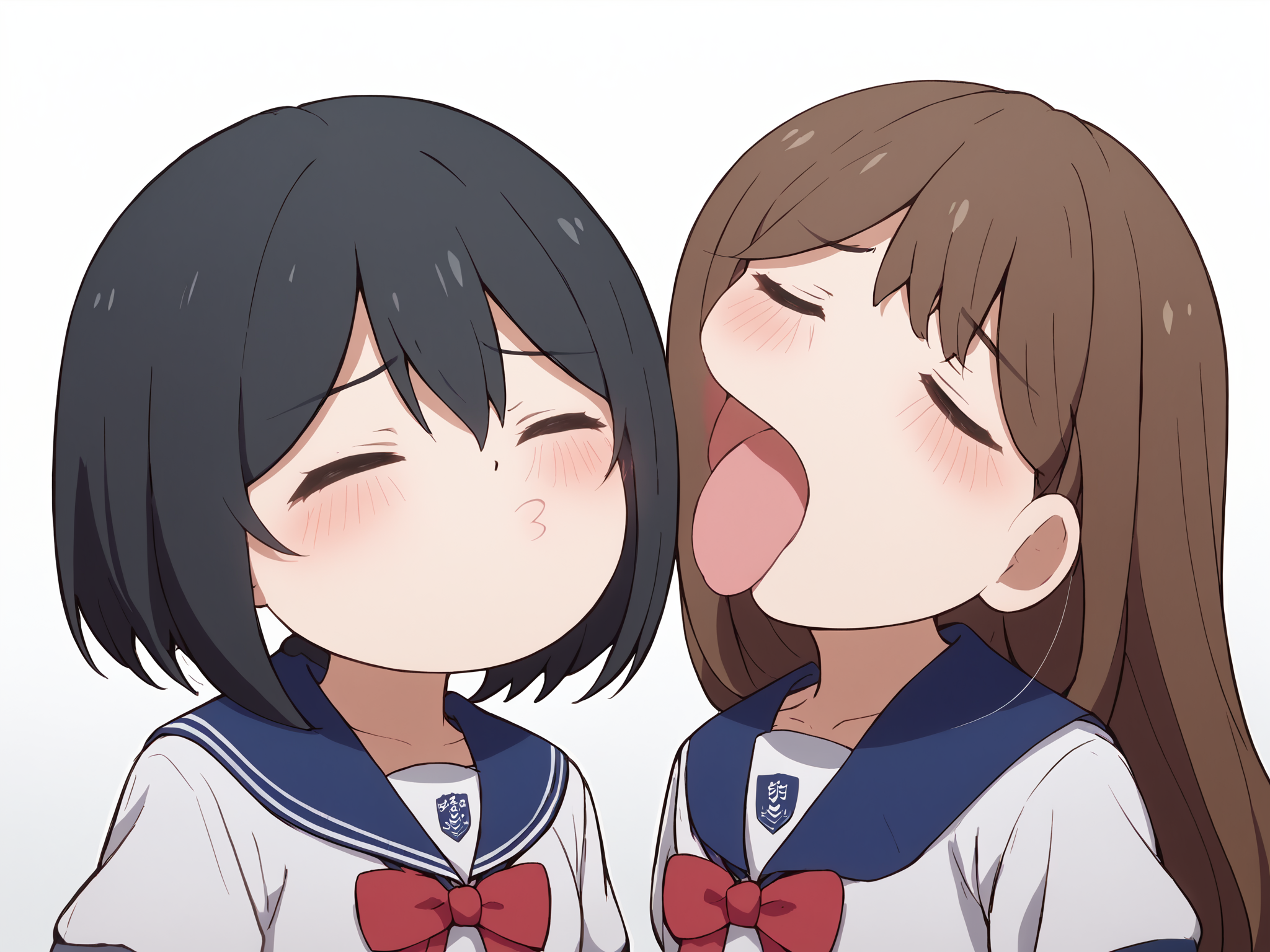 <lora:hkaeveakwt61356135:0.6>, hkaeveakwt6135, closed eyes, blush, open mouth, puckered lips, tongue out, o3o, chibi, upper body, 2girls, score_9, score_8_up, score_7_up, uncensored, source_anime, blue sailor collar, white shirt, short sleeves, red bow, BREAK
<lora:saki_aoi_anime-soralz:0.6>, saki aoi, black hair, short hair, bob cut, hair between eyes, school uniform, BREAK
<lora:makoto_hanaoka_anime-soralz:0.6>, makoto hanaoka f, long hair, brown hair, sidelocks, bangs, school uniform f