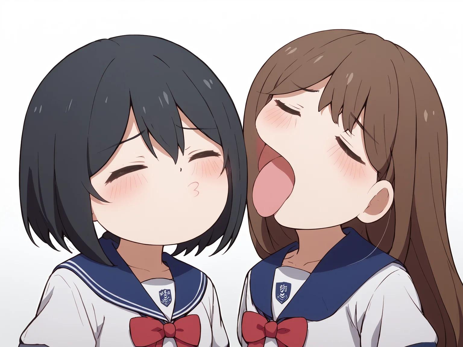 <lora:hkaeveakwt61356135:0.6>, hkaeveakwt6135, closed eyes, blush, open mouth, puckered lips, tongue out, o3o, chibi, upper body, 2girls, score_9, score_8_up, score_7_up, uncensored, source_anime, blue sailor collar, white shirt, short sleeves, red bow, BREAK
<lora:saki_aoi_anime-soralz:0.6>, saki aoi, black hair, short hair, bob cut, hair between eyes, school uniform, BREAK
<lora:makoto_hanaoka_anime-soralz:0.6>, makoto hanaoka f, long hair, brown hair, sidelocks, bangs, school uniform f