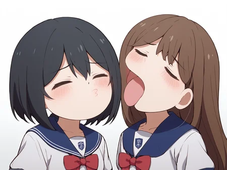 <lora:hkaeveakwt61356135:0.6>, hkaeveakwt6135, closed eyes, blush, open mouth, puckered lips, tongue out, o3o, chibi, upper body, 2girls, score_9, score_8_up, score_7_up, uncensored, source_anime, blue sailor collar, white shirt, short sleeves, red bow, BREAK
<lora:saki_aoi_anime-soralz:0.6>, saki aoi, black hair, short hair, bob cut, hair between eyes, school uniform, BREAK
<lora:makoto_hanaoka_anime-soralz:0.6>, makoto hanaoka f, long hair, brown hair, sidelocks, bangs, school uniform f