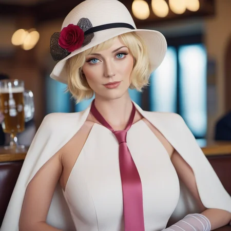 cinematic photo a woman, short blonde hair, blue eyes, gloves, necktie, white dress, hat flower, handbag, large breast, having a beer in a pub <lora:Stussy1024:0.8> . 35mm photograph, film, bokeh, professional, 4k, highly detailed