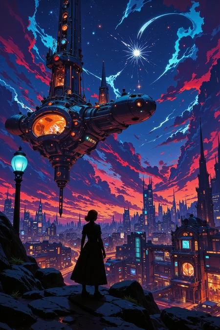a cyberpunk space colony beautiful  landscape, dusk, woman, very intricate, very detailed, sharp, bright, colorful, <lora:Hand v2:0.5> <lora:Anti-Blur:1><lora:Insane Detail Slider:0.25>  <lora:flux.1_lora_flyway_Epic-detail_v2:0.3> <lora:fluxenhancer:0.25> <lora:ROWER:0.8> <lora:Anime art - Variant 3:0.6> Anime art