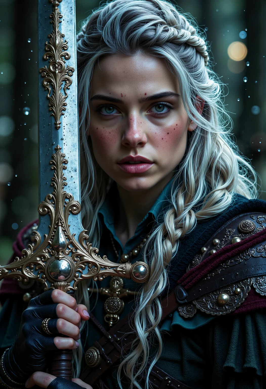 A super close-up shot of a captivating female warrior holding a beautifully ornate sword, set against a dark, moody background that evokes a sense of mystery and tension. The aesthetic leans towards hyperrealism, showcasing every detail, from the intricate designs on the swordâs hilt to the shimmering droplets of water that cling to it. She has freckles. The warrior's long, flowing hair appears ethereal, illuminated by faint, cool tones of blue and silver, contrasting beautifully with the darker elements of the background. Soft, diffused lighting enhances the scene, creating an atmospheric ambience filled with shadows and highlights. Hints of deep reds and metallic golds add richness to the overall composition. The setting suggests a mystical realm, possibly a forest or ancient battleground, shrouded in mist, conveying an epic and timeless feel.<lora:Flux/MysticRealismS.safetensors:1.0:1.0>