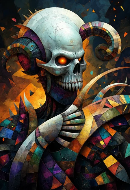 scifi fantasy illustration, A weathered grey demon monster skull, facing the viewer, clutched by a talon, the talon pierces and shatters points on the skill. Awe-Inspiring and Vulgar, Glowing Amber Eyes, Fairy-Tale, side lit, in the style of realistic hyper-detailed portraits, dark white and orange, classicist portraiture, dark gold and aquamarine, realist detail, hard edge, technological marvels, aidmasoftglow