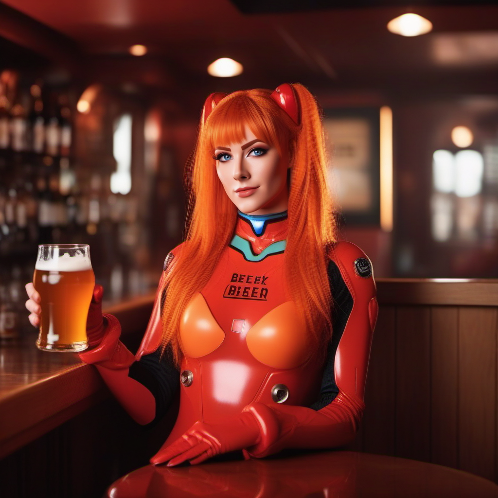 cinematic photo a full body woman, red plugsuit, blue eyes, orange hair, having a beer in a pub  <lora:Asuka1024:0.8> . 35mm photograph, film, bokeh, professional, 4k, highly detailed