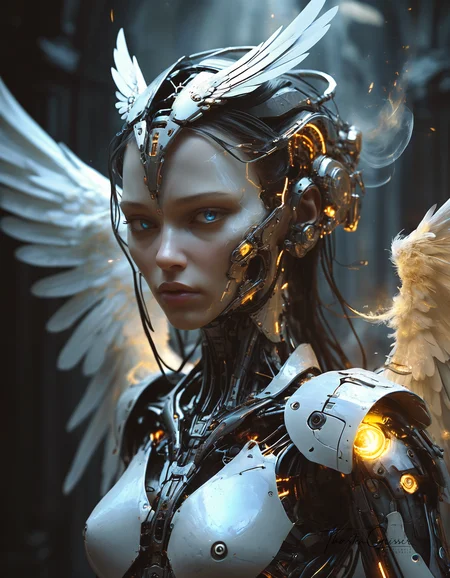 biomechanical cyberpunk A photorealistic portrait of a merciless archangel, their face a vision of divine beauty and unwavering resolve. Their eyes, windows to a soul hardened by countless battles, burn with an intensity that pierces through the veil of reality. Their expression is a symphony of conflicting emotions: righteous fury, unwavering determination, and a hint of sorrow for the fallen. Their wings, a majestic expanse of shimmering feathers, are spread wide, casting a shadow of divine judgment upon the world. The background is a maelstrom of celestial energy, swirling with nebulae, stars, and distant galaxies, creating a sense of infinite power and cosmic scale. The lighting is dramatic, highlighting the archangel's sculpted features and the intricate details of their flowing hair and wings. The overall effect is one of awe and reverence, <lora:MJ52.safetensors:0.60> . cybernetics, human-machine fusion, dystopian, organic meets artificial, dark, intricate, highly detailed