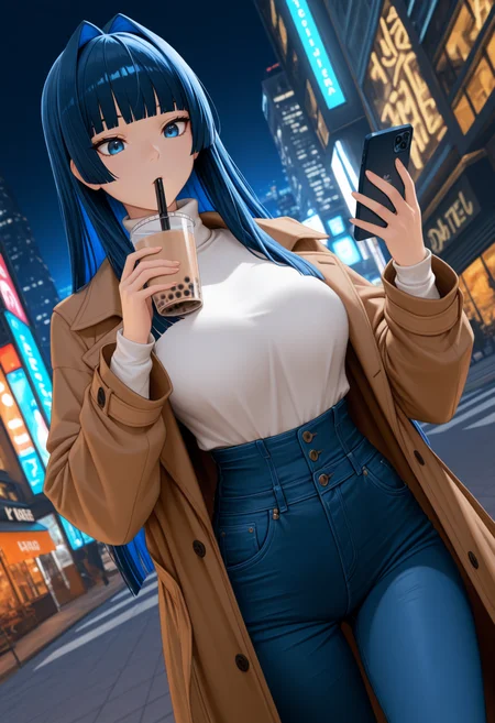 masterpiece, best quality, 1girl, solo, Kr0niiCas, blue eyes, blue hair, long hair, hime cut, hair intakes, white turtleneck, brown coat, open coat, high-waist jeans, outdoors, city, holding phone, smartphone, holding bubble tea, dutch angle, looking at phone, drinking, drinking straw in mouth, <lora:ChamOuroKroniiV2Noob:1>