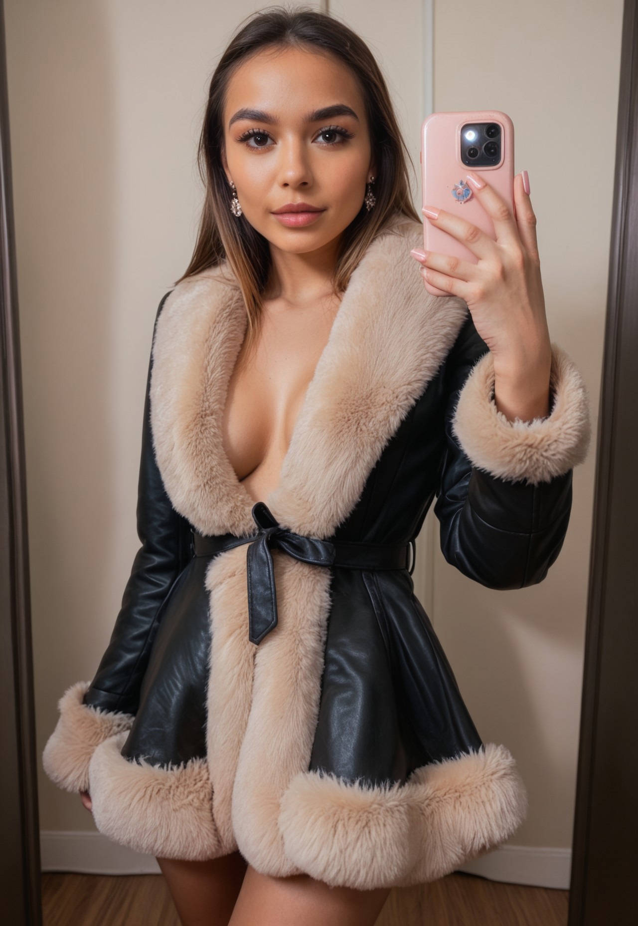 realistic, solo, female, Latina, twenty-year-old, belted fur coat, black coat, beige fur, selfie, bedroom, inside,