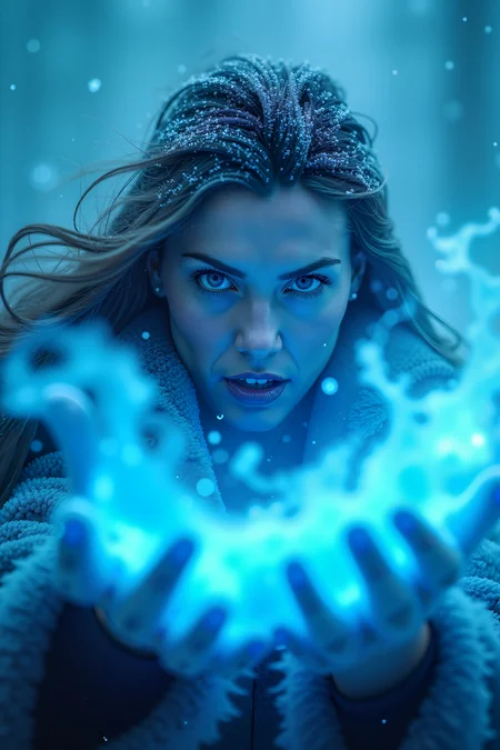 An intense close-up of a sorceress casting a powerful ice spell in the midst of a blizzard. Her eyes glow an intense icy blue, and frost forms on her outstretched hands. The wind whips around her, and snow swirls in all directions, creating a vortex of icy chaos. The background is blurred by the snowstorm, focusing attention on the sorceress's fierce expression and the swirling magic emanating from her. The scene conveys raw power and control over the elements. Hyper-realistic, high contrast, deep blue tones, fantasy epic, cinematic quality.