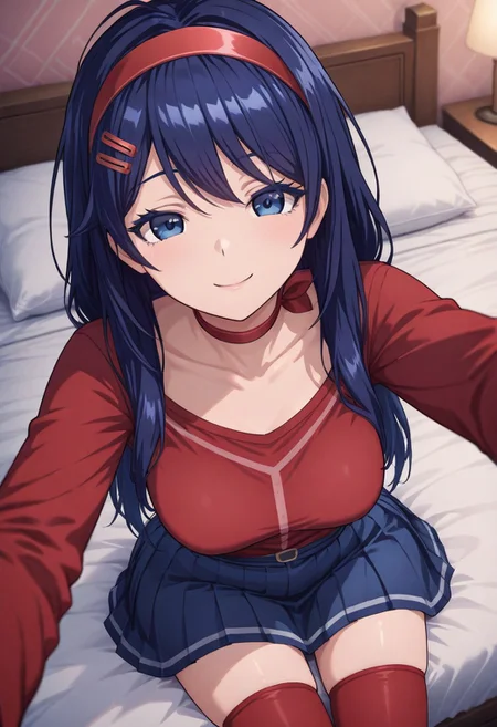 (kindmita:1.2),1girl, solo, hair ornament, red choker, red shirt, red hairband, blue_eyes, red thighhighs,blue hair,blue skirt,long hair, horny, smiling, looking at viewer, laying in bed, calling to him.