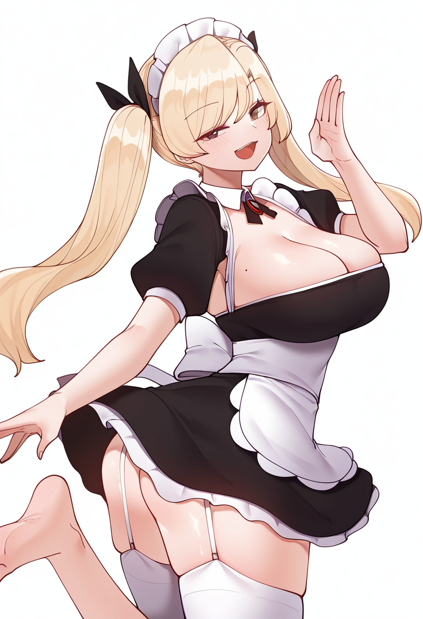 Smooth Quality,masterpiece,very intricate, high quality details, ultra realistic, high detailed skin,detailed enviorement,absurdres,
simple background, white background, dancing,skindentation, solo,from behind,vulcan salute,
 <lora:Yejin_Lim_CNR:0.8> yejin_cnr, 1girl, blonde hair, long hair, bangs, brown eyes, mole on breast, large breasts,yejin_maid_cnr, twintails,black dress, maid apron, waist apron, puffy short sleeves, detached collar, maid headdress,white thighhighs, garter straps,hair ribbon,barefoot,, naughty face,, ;d,