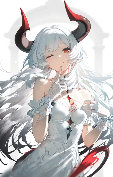 1girl,solo,(teenager:1.2),silvery white hair,straight_hair,(small Black-to-Red Gradient Demon Horns:1.2),(forward close-fitting horns above temple:1.2),small_breasts,white sleeveless dress,(white lace gloves:1.3),beautiful_detailed_eyes,Red_Dragon_Eyes,one eye closed,one_hand_on_own_chest,(finger on lips:1.3),seductive_smile,closed mouth,
upper_body,from_side,head_tilt,looking_at_viewer,hyperdetailed,best quality,simple background,white background,moody lighting,white_theme,blurry,masterpiece,(<lora:rafaelaaa:0.9>),