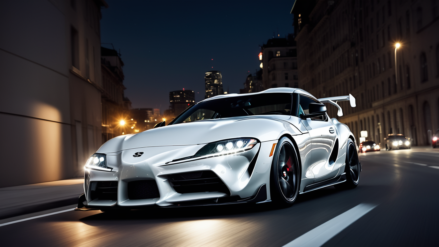 toyota supra <lora:Supra:0.6>, front view bonnet,shining headlights,night city