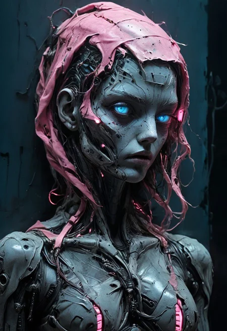 In the sprawling neon-lit expanse of a Bladerunner megacity, bathed in the sickly glow of a bright pink LED ad, the night unveiled a dystopian tableau. A Super Closeup Portrait, etched in the sinister underbelly of a world enslaved by technology, revealed the haunting visage of a freckled cyborg woman. Her blue-gray eyes, once human, now glowed with an ominous radiance, reflecting the cold, artificial heartbeat of the metropolis.
Long flowing hair cascaded down her shoulders, entangled in the unforgiving tendrils of the synthetic wind. Draped in a ghostly linen cloak, billowing like a spectral shroud, she stood at the edge of the toxic ocean. The backdrop, not bright sunlight but a dimly lit, polluted horizon, added to the pervasive sense of desolation.
Her face bore the scars of a chilling fusion   half-cyborg adorned with intricately crafted gold elements, and half-human skin, marked by the remnants of a forgotten humanity. The enigmatic amalgamation created a mesmerizing yet unsettling presence, a reflection of the soul-wrenching compromise made in a desperate quest for survival.
As the dystopian city hummed with the dissonant symphony of distant sirens and echoing footsteps, the cyborg woman's intense gaze pierced through the haze of artificiality. In the neon-drenched night, where shadows whispered tales of a lost humanity, she stood as a haunting monument to the irreversible transformation wrought by a society teetering on the edge of its own creation.