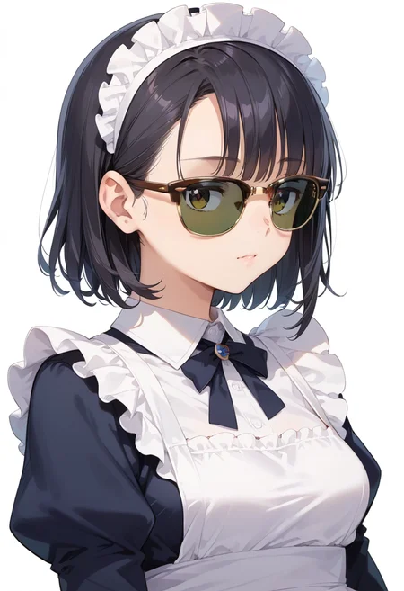 score_9, score_8_up, score_7_up, rating_safe, masterpiece, best quality, absurdres, unity 8k wallpaper, official art, official style, source_anime, uncensored, game cg, megami magazine,
1girl, solo, black hair, medium hair, upper body, covered eyes,maid, maid headdress, black dress, maid apron, face focus,
sirmont, sunglasses, white background, simple background, reflection, glasses, english text, brown-framed eyewear, yellow-framed eyewear, two-tone eyewear, darkgreen-tinted eyewear, covered eyes,
<lora:glasses_clubmaster_PONY_V1:1>
