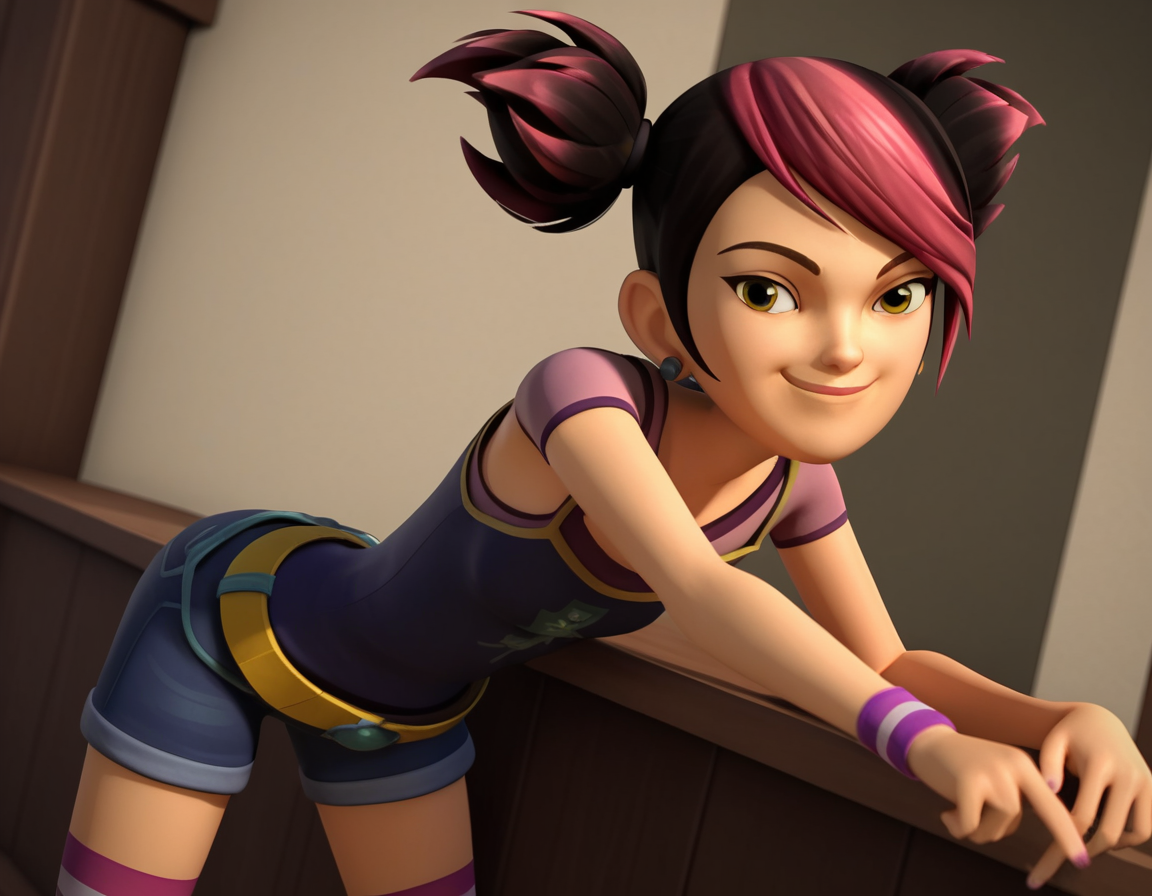 score_9, score_8_up, score_7_up, source_anime, <lora:miko-nakadai-cartoon-ponyxl-lora-nochekaiser:1>, miko nakadai, short hair, black hair, pink hair, multicolored hair, two-tone hair, twintails, streaked hair, 3d,, jewelry, earrings, wristband, camisole, shirt, short sleeves, striped, striped kneehighs, belt, shorts, denim,, indoors, bent over, smile, smug, looking at viewer, solo,, cowboy shot, dutch angle