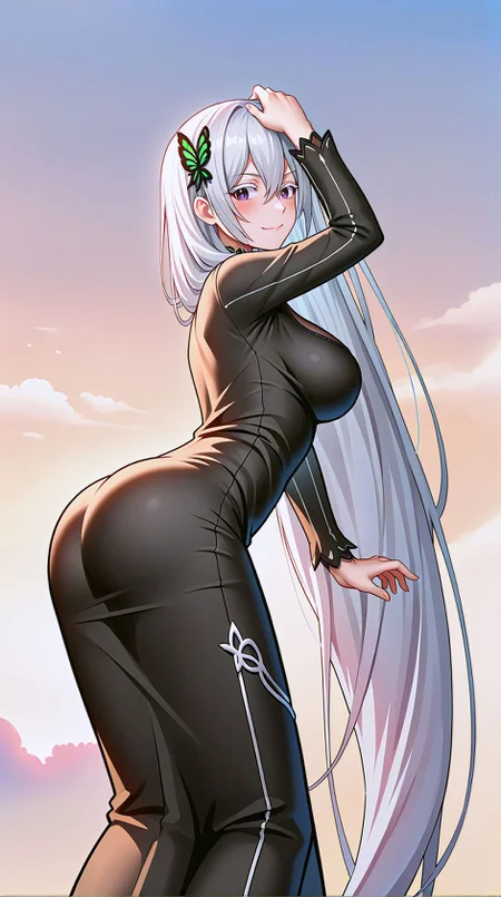 zPDXLxxx,score_9,score_8_up,score_7_up,score_6_up,score_5_up,score_4_up,source_anime,masterpiece,best quality,perfect anatomy,very aesthetic,absurdres,
<lora:Quality tweaker_last:-2>,
<lora:Breast Slider - Pony_alpha1.0_rank4_noxattn_last:2>,
<lora:azurlaneXLP6lokrV4236T2:0.5>,
solo,blush,smile,
leaning forward,from side,from below,bent over,adjusting hair,arm behind head,
<lora:Echidna PonyXL Anzhc v1.6:1>,
echidna,purple eyes,white hair,hair between eyes,very long hair,butterfly hair ornament,
original dress,black dress,