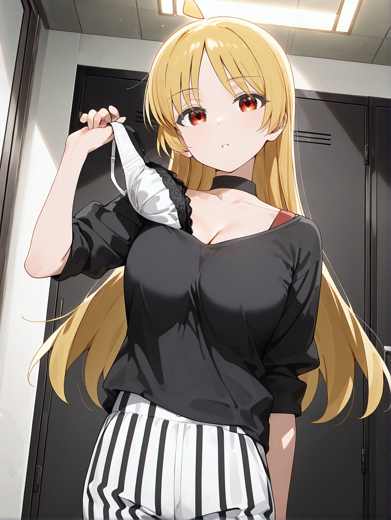 masterpiece, best quality, newest, absurdres, highres, detailed eyes, beautiful, detailed background, perfect eyes, anime coloring, anime screencap,
<lora:spo_sdxl_10ep_4k-data_lora_webui:0.5>,
<lora:add-detail-xl:1>
<lora:removing_bra_under_shirt:1>Taking_off_brav1,
1girl,breasts,
underwear,bra,solo,
taking off bra,
removing bra,
pulling off bra,
standing, 
BREAK
Ijichi Seika, 
Black shirt, Black and white striped pants,cleavage, 
bocchi the rock!, official art,