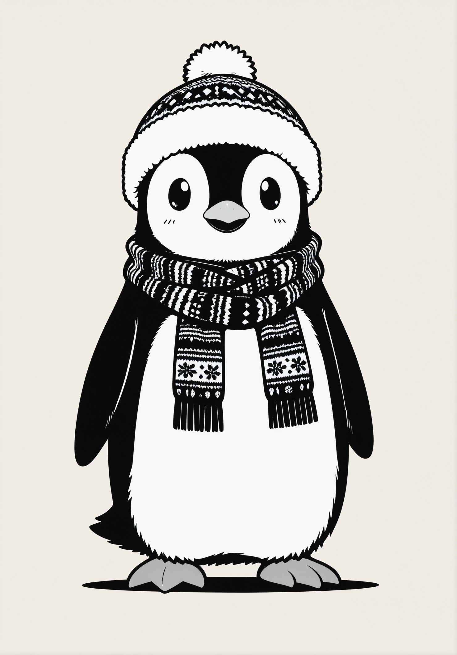 a picture of a cute fluffy anime penguin, black outline, thick outlines, masterpiece, extreme quality, anime wallpaper, screencap, cg, hyper focus, good detail, tundra, wearing a scarf, winter hat, (no humans), high contrast, (adorable), (anime), art, exceptional, top tier, vector art