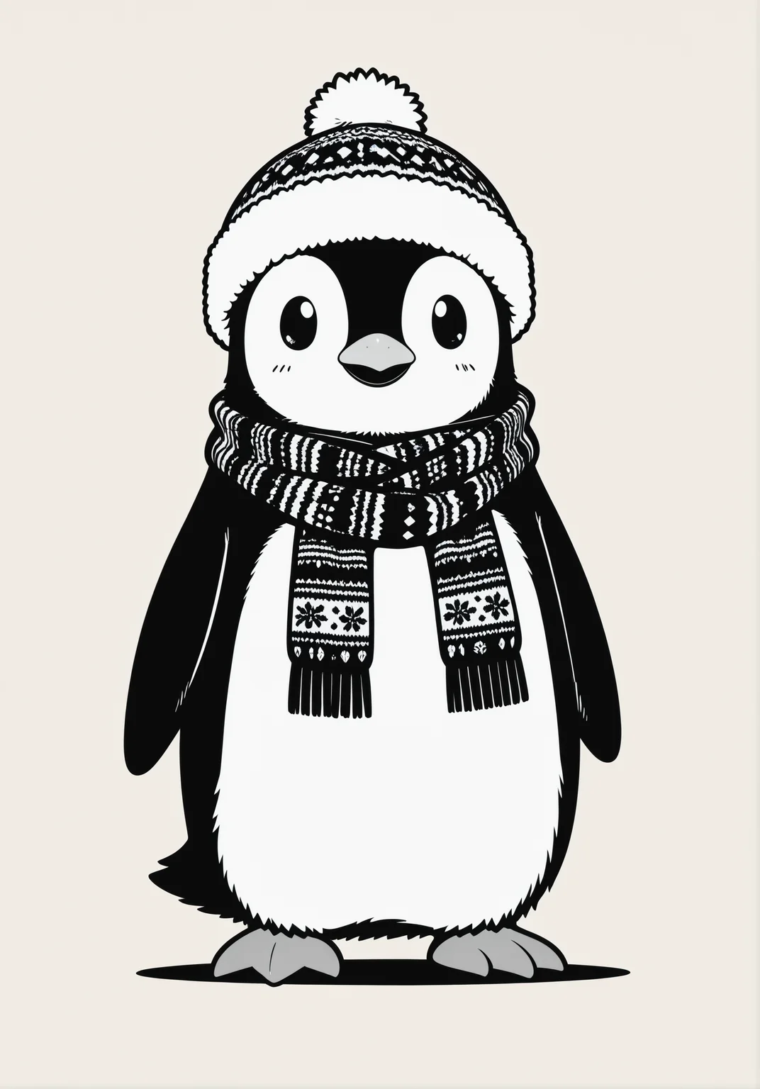 a picture of a cute fluffy anime penguin, black outline, thick outlines, masterpiece, extreme quality, anime wallpaper, screencap, cg, hyper focus, good detail, tundra, wearing a scarf, winter hat, (no humans), high contrast, (adorable), (anime), art, exceptional, top tier, vector art
