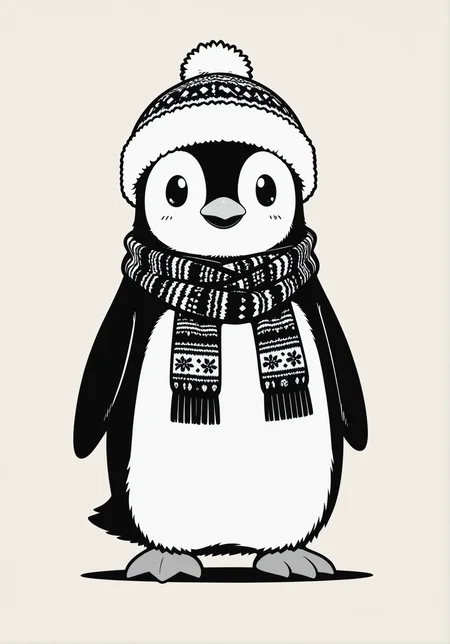 a picture of a cute fluffy anime penguin, black outline, thick outlines, masterpiece, extreme quality, anime wallpaper, screencap, cg, hyper focus, good detail, tundra, wearing a scarf, winter hat, (no humans), high contrast, (adorable), (anime), art, exceptional, top tier, vector art