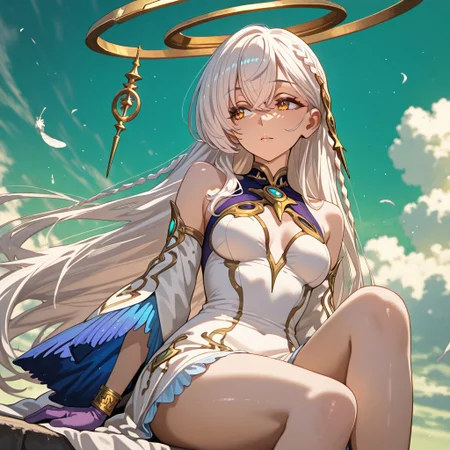ultra realistic, masterpiece, high detailed skin, best quality, high res, very aesthetic, anime style, studio anime, source_ecchi, anime, (finely detailed face), ((petite body:1.6)), IstarothGI, 1girl, solo, white hair, very long hair, hair ornament, bangs, braid, hair between eyes, amber eyes, lips, halo, nimbus, jewelry, white dress, dress ornament, wide sleeves, large breast, detached sleeves, bare shoulders, purple gloves, bracelets, cleavage cutout, halter dress, cutout dress, thick thighs, barefoot, anklet, midium breasts, illustriousanime, Studio Madhouse, lot of feathers, wind, sitting in the middle of the image, the image also shows a playful and whimsical atmosphere, with a soft and pastel color palette. on the center of the frame, who appear to be a young adult, is sitting with her upper body facing the viewer, looking to the side with a dreamy expression, the background is laputa, colorful green sky with fluffy white clouds, soft ambient glow, dramatic scenery, intricate details, (blurry background, depth of field:1.1), erotic and aesthetic, lascivious pose, aroused, dynamic dutch angle, from below, blurry background, bright colors, stunningly artwork, (blurry background, depth of field:1.1)
