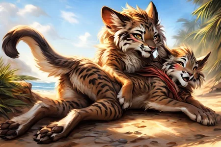 uploaded on e621, by carrot, by castitas, by reallynxgirl, by hioshiru, by loimu, by blotch, by kenket, by lizet,
FurryCore, 
catfolk,
Catra_Shera,
belladonna,
dragon,
(sexy pose), dynamic pose, NSFW, nude,
raised tail, paws, female, flat chest, 
lying on back, butt, presenting, spread legs, 
snuggling, kissing,
feral, furry female anthro cat, detailed and extremely fluffy body fur, tail, stripes, 2 girls, highly_detailed_face, symmetrical_eyes, fangs, open mouth, claws, young,
looking at viewer,
smile, blush, 
athletic, muscular, sleek,
brush stroke style, concept art, highly detailed, masterpiece, best quality, cinematic composition, 
sunlight, on a beach, 
masterpiece, best quality, realistic, (intricate:0.9), (high detail:1.4), film photography, {soft focus}, RAW photo, photorealistic, analog style, subsurface scattering, photorealism, absurd res,