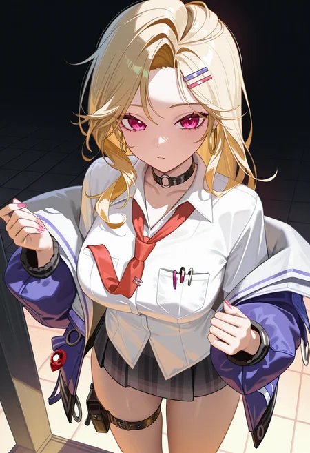 masterpiece, best quality, hires, absurdres, newest, 1girl, solo, standing, <lora:ein-nikke-richy-v1_ixl:1> ein, pink eyes, blonde hair, long hair, hairclip, hoop earrings, black o-ring choker, breasts, white shirt, red necktie, loose necktie, blue jacket, off shoulder, black plaid skirt, pink nails, thigh strap, thigh pouch, breast pocket