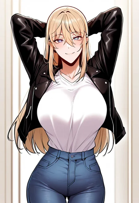 1girl, solo, (( <lora:is_there_an_empty_room?_style:1> , is_there_an_empty_room?_style, baek_ju-hui, piercing blue eyes, clear eyes, bright pupils, beautiful eyes, beautiful blonde hair, beautiful long hair, bangs, hair between eyes, huge and shaggy breasts, thin waist, wide hips, beautiful skin, natural beauty, extraordinary beautiful woman, attractive woman, super sexy woman, lustful body, sexy woman with seductive obscene body, sensual body, voluptuous body, sexy beauty, )) , ((sexy short-sleeves white top, denim trousers, black leather jacket, )) , looking at viewer, sexy pose, cowboy shot, seducative smile, sexy, hands behind head,