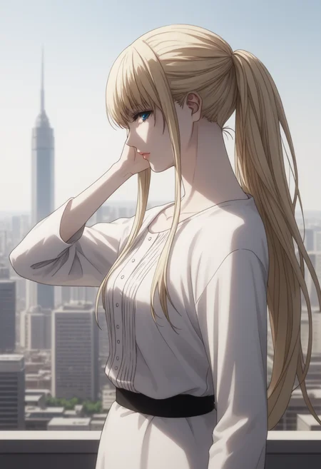 score_9, score_8_up, score_7_up, source_anime, BREAK 1girl, solo, <lora:DX888Phanora:1> phanora kristoffel,  blue eyes, pale skin, ponytail, dress,   solo, standing, cowboy shot,  wind,  hair flowing in the wind,  from side,  looking at viewer,  hand in own hair, on the rooftop, cityscape, metal railings, midday sky,