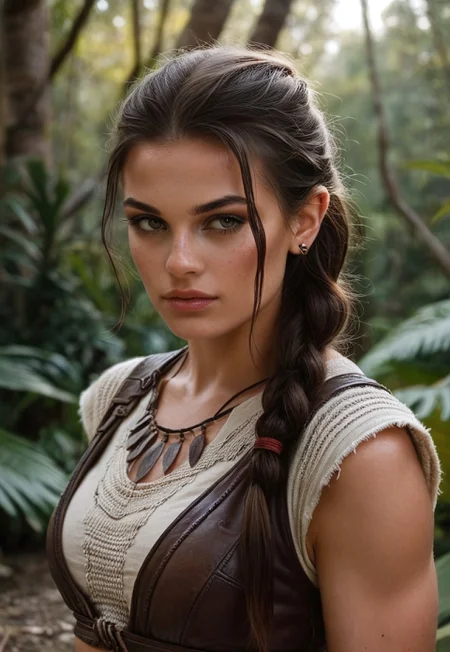 safe_pos, score_9, score_8_up, score_7_up, 1girl, solo, tribal huntress, traditional leather armor, ancient spear, braided dark hair, realistic, cinematic angle, cinematic lighting, muscular body, fierce face, piercing brown eyes, hunting pose BREAK stalking prey in a lush jungle BREAK source_tribal_art, rating_explicit, expressive, full body, dynamic pose BREAK detailed beautiful background, dense jungle landscape, exotic flora, wild animals, distant waterfalls, primal atmosphere <lora:Expressive_H:0.6>Expressiveh, (SimplepositiveXLv1:1.3), (((upper body, full clothed:1.85))) ((masterpiece)) (ultra realistic, 32k, masterpiece:1.2), (high detailed skin:1.1), (high quality:1.1) (((full clothed))) <lora:DandonFuga_Style_v.2_-_Pony:0.8> (8k uhd:1,4) <lora:add-detail-xl:1> <lora:Dynamic Poses:1>