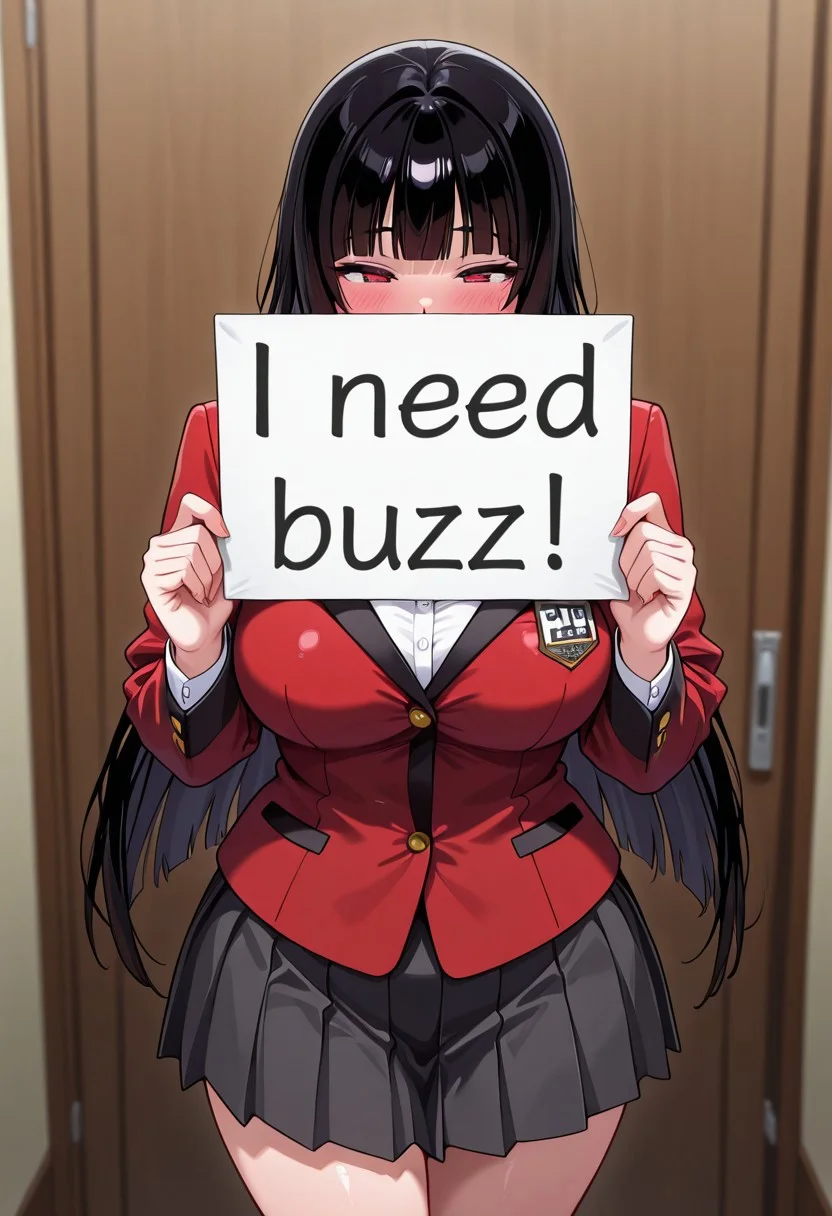 masterpiece, best quality, amazing quality, 8k,  face focus, face only, 1girl, need_buzz, holding sign, solo, jabami yumeko, black hair, long hair, blunt bangs, school uniform, red blazer, collared shirt, pleated skirt
