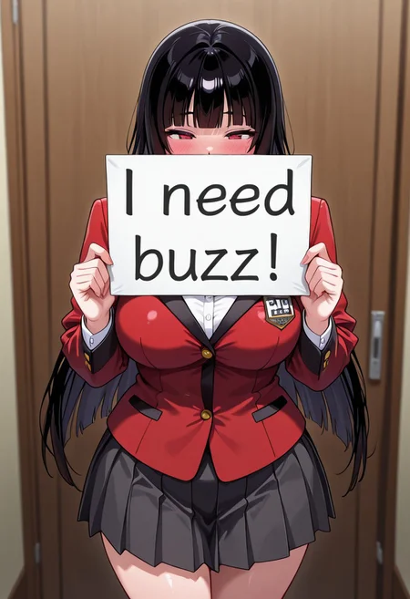 masterpiece, best quality, amazing quality, 8k,  face focus, face only, 1girl, need_buzz, holding sign, solo, jabami yumeko, black hair, long hair, blunt bangs, school uniform, red blazer, collared shirt, pleated skirt