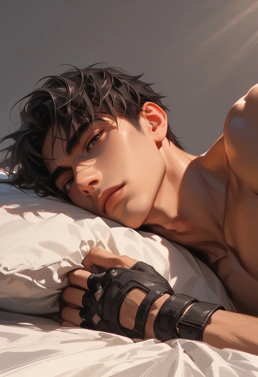 score_9, score_8_up, score_7_up, very aesthetic, 1boy, handsome, short hair, solo, laying on stomach in a white bed, dynamic erotic pose, naked, fingerless black gloves, homoerotic, looking at viewer, perfect face, grey background,dramatic lighting, below side view,