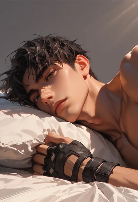 score_9, score_8_up, score_7_up, very aesthetic, 1boy, handsome, short hair, solo, laying on stomach in a white bed, dynamic erotic pose, naked, fingerless black gloves, homoerotic, looking at viewer, perfect face, grey background,dramatic lighting, below side view,