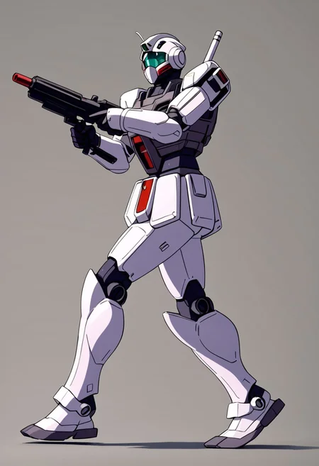 score_9, score_8_up, score_7_up, source_anime, cowboy shot, side view, BREAK, ( gm_cold_districts_type, looking up, running, rifle, aiming up, beam saber on back, ) 1mech, mech focus, solo, BREAK, white to grey background, cold lighting,