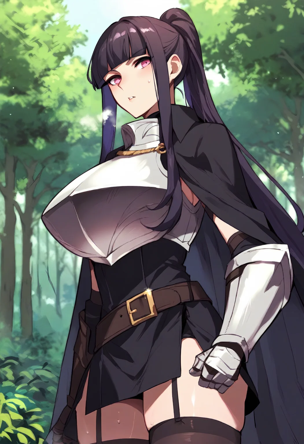 score_9, score_8_up, score_7_up, score_6_up, source_anime, rating_explicit, 1girl, solo, huge breasts, <lora:Yura prefectPonyxl:0.75> long hair, black hair, purple eyes, sidelocks, pink eyes, purple hair, ponytail, blunt bangs, black cape, black dress, sleeveless, white armor, breastplate, gauntlets, belt, garter straps, black thighhighs, serious, parted lips, Narrow shoulders, heavy breathing, steaming body, forest, outdoors, looking at viewer, standing