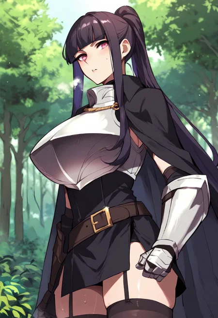 score_9, score_8_up, score_7_up, score_6_up, source_anime, rating_explicit, 1girl, solo, huge breasts, <lora:Yura prefectPonyxl:0.75> long hair, black hair, purple eyes, sidelocks, pink eyes, purple hair, ponytail, blunt bangs, black cape, black dress, sleeveless, white armor, breastplate, gauntlets, belt, garter straps, black thighhighs, serious, parted lips, Narrow shoulders, heavy breathing, steaming body, forest, outdoors, looking at viewer, standing