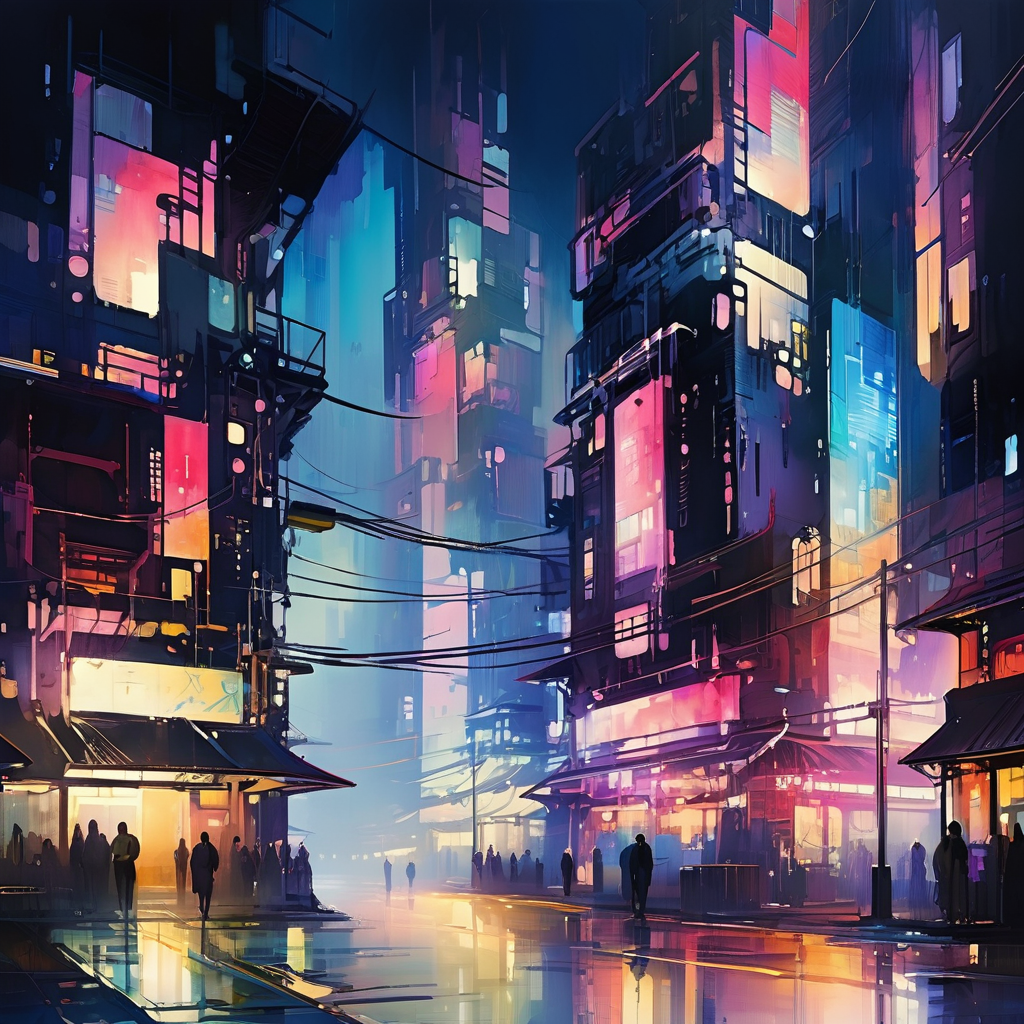cyberpunk city,bloom,night,soft light,shadows,oil and watercolor painting,<lora:oil_and_watercolor_painting:0.75>,