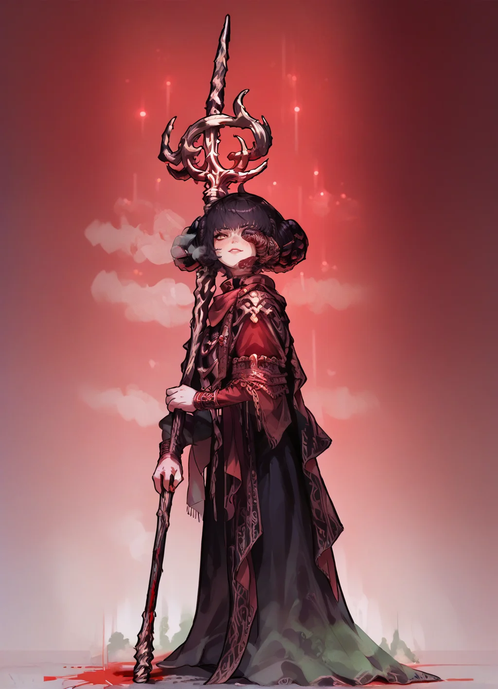Action Figure of score_9, score_8_up, score_7_up, source_anime, sketch,score_6,monochrome, glitch, standing, lights,blurred background, mohg lord of blood, (fog:1.2),blood,red background, solo, (holding trident:1.2), <lora:Mohg_Lord_of_Blood:1>