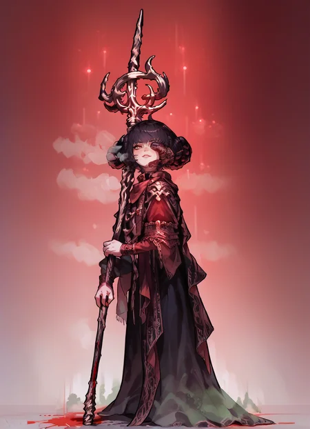 Action Figure of score_9, score_8_up, score_7_up, source_anime, sketch,score_6,monochrome, glitch, standing, lights,blurred background, mohg lord of blood, (fog:1.2),blood,red background, solo, (holding trident:1.2), <lora:Mohg_Lord_of_Blood:1>