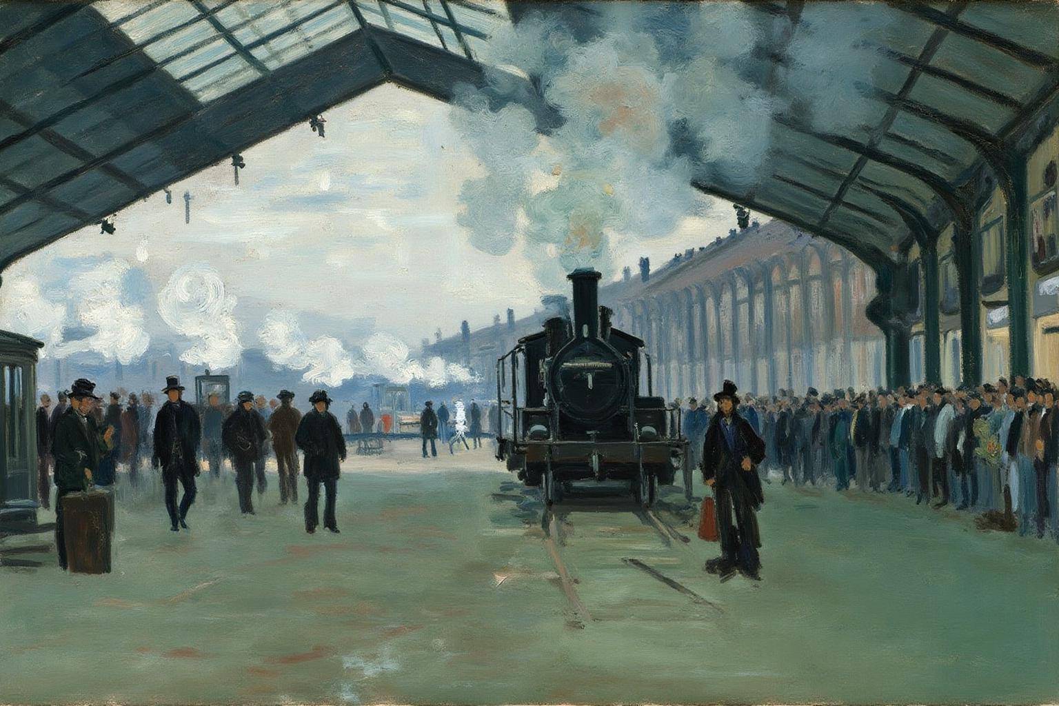 claudemonet1 painting. A bustling train station with a train emitting steam and smoke as it arrives. On the right, there is a crowd standing beside the train. There is a roof above.  <lora:claudemonet1_cap_d8a4e12:1.0><lora:843290187170641500:0>