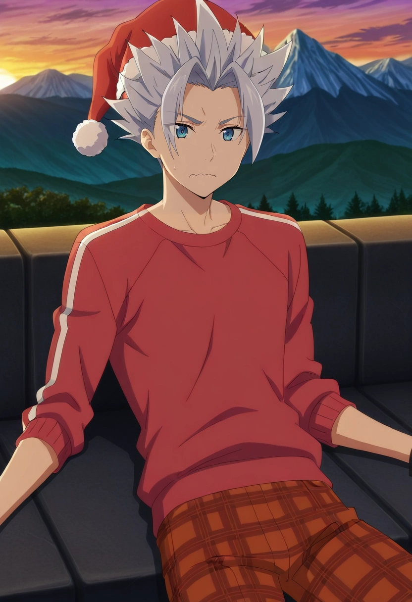 masterpiece, best quality, intricate details, anime screencap, anime coloring, official style,, 1boy, solo, male focus, <lora:arden_nnt_ilxl:0.92>, arden_nnt, grey hair, blue eyes, short hair, spiked hair, , rule of thirds, mountain, dusk, lying, on back, wavy mouth, Plaid Vermilion Pleated trousers, Herringbone CoralOrange Herringbone Track sweatshirt, , Santa Claus hat,