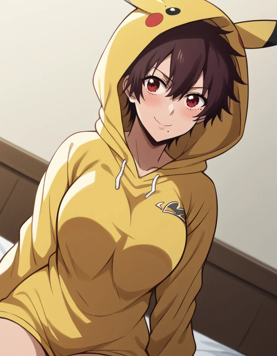 score_9, score_8_up, score_7_up, source_anime, <lora:nagisa-aragaki-s1-ponyxl-lora-nochekaiser:1>, nagisa aragaki, short hair, large breasts, brown hair, red eyes, brown eyes, mole, mole under mouth, tomboy, <lora:pikachu-cosplay-ponyxl-lora-nochekaiser:1>, pikachucosplay, pikachu (pikachu), character print, hood, hoodie, yellow hoodie,, bed, bed room, smile, blush, wariza, sitting, , dutch angle, cowboy shot