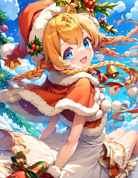 <lora:pony_xl_sol:0.9>,sol,score_9,score_8_up,score_7_up,source_anime,best quality,masterpiece,1girl,hair_ribbon,smile,;d,open mouth,blush,outdoors,christmas,nature,day,sky,blue sky,cloud,sitting,wariza,looking back,knees_together_feet_apart,santa hat,red headwear,fur-trimmed headwear,santa costume,fur trim,white dress,red footwear,capelet,red capelet,fur-trimmed capelet,red gloves,red mittens,fur-trimmed gloves,pom pom \(clothes\),bell,