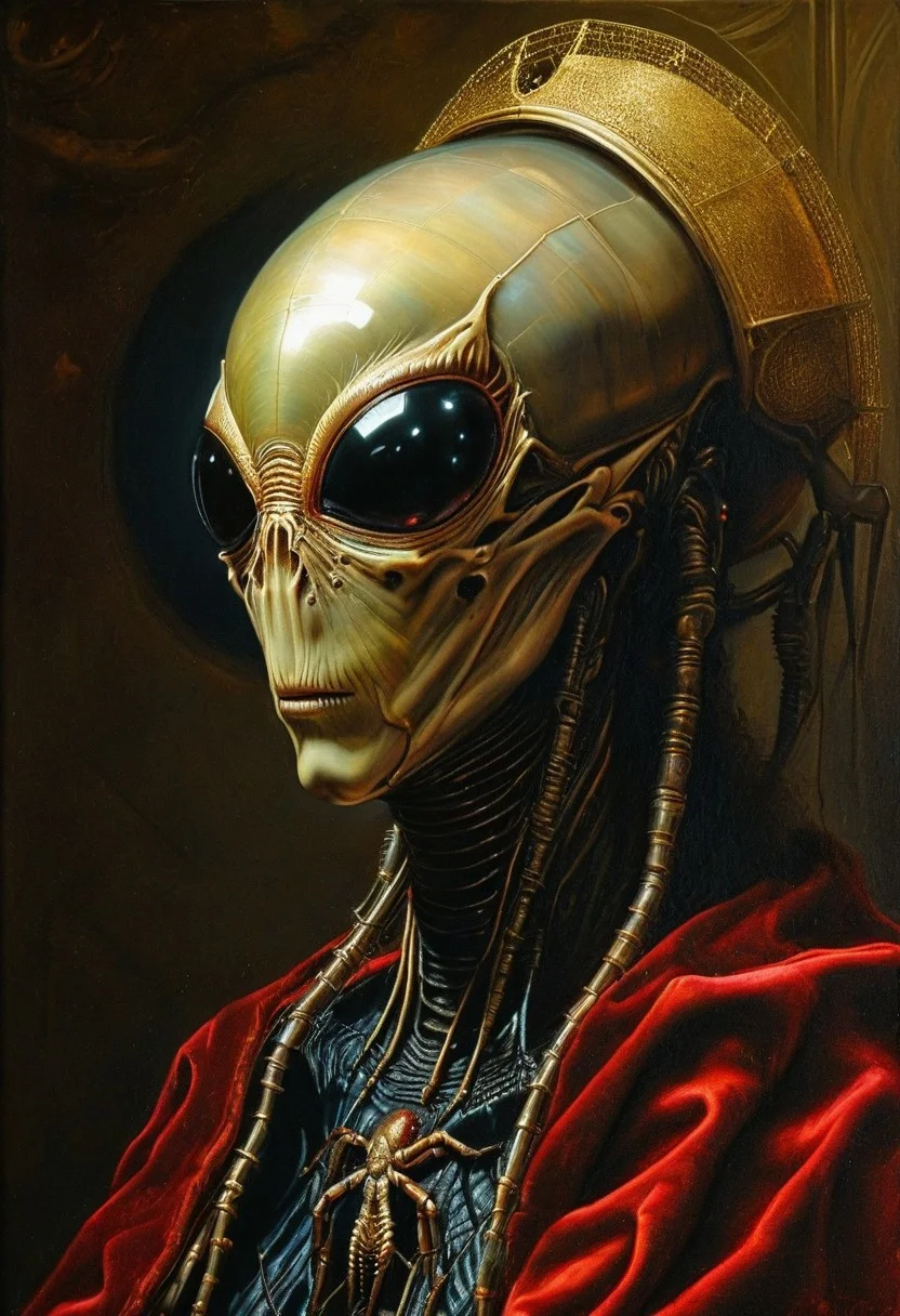 Rembrandt realistic oil painting, retro artstyle, score_9, score_8_up, score_9_up, very detailed, ultra realistic, (best quality) very detailed masterpiece, portrait of an futuristic alien, spider-like alien creature in medieval environment, iridescent skin, red marine velvet, very dark background, baroque style, gold, marble, very dramatic lighting, much shadow, rembrandt style, vermeer style, low saturation, realistic realistic, realism, photo realistic oil painting, photo realistic painting