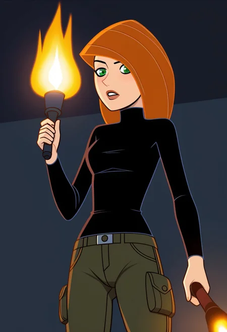 chkim, black skintight shirt, cargo pants, dark room, holding torch, torch on, from slight angle, solo, slightly frightened,