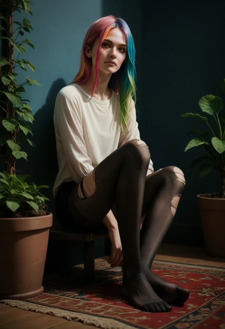 score_9, score_8_up, score_7_up, score_6_up, source_anime, masterpiece, newest,
Highly detailed, 1girl, slender, innocent, sitting, arms at sides, long hair, opaque pantyhose, no shoes, colorful hair, multicolored hair, casual clothes, realistic, long legs, potted plants, ripped pantyhose