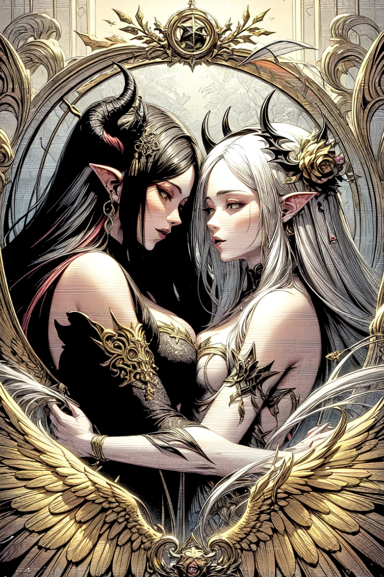 (best quality, masterpiece, colorful, dynamic angle, highest detailed),(high resolution textures), in dynamic pose, bokeh, (intricate details), official art, highest detailed,natural skin texture, perfect face
half-body portrait,2 girl, demon girl, angel girl. Vibrant, captivating colors,elegant attire. The demoness boasts lustrous, obsidian hair, the angel has resplendent, golden locks, both against a celestial backdrop. They stand in a harmonious, yet contrasting pose, representing the balance between darkness and light
more detail,detail, <lora:DETALLES--more_details:0.5>